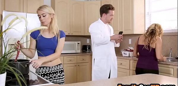  Geeky son experiments on mom and sister to fuck them